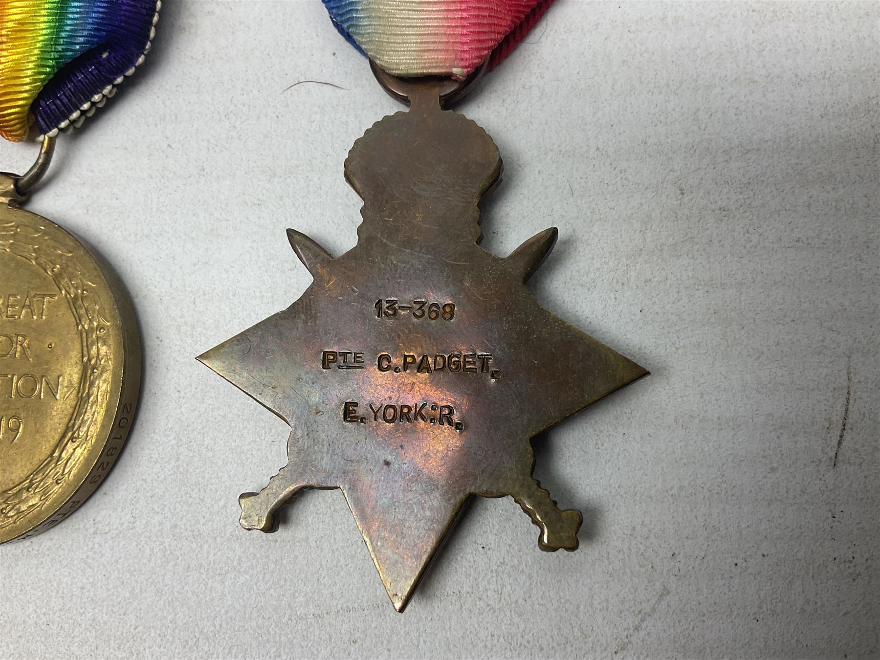 Family group of five WW1 medals for the East Yorkshire regiment comprising trio of 1914-15 Star - Image 9 of 13