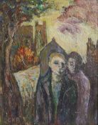 Graham Kingsley Brown (British 1932-2011): Church Landscape with Mysterious Figures