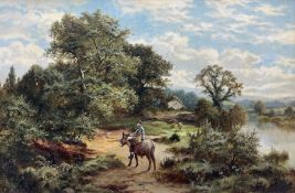 Edgar Longstaffe (British 1852-1933): Boy Riding Donkey in Rural River Landscape