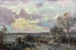 John Falconer Slater (British 1857-1937): Driving Sheep in Winter Sunset