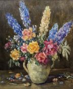 Owen Bowen (Staithes Group 1873-1967): Still Life of Roses and Delphiniums