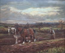 Henry Rollet (British exh.1886-1916): Ploughing the Fields at Dusk