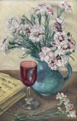 Mavis Blackburn (British 1923-): Still Life of Red Wine Glass and Peonies in a Jug