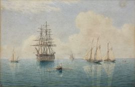 William Frederick Settle (Hull 1821-1897): British Man o' War at Anchor with Crew rowing to Shore