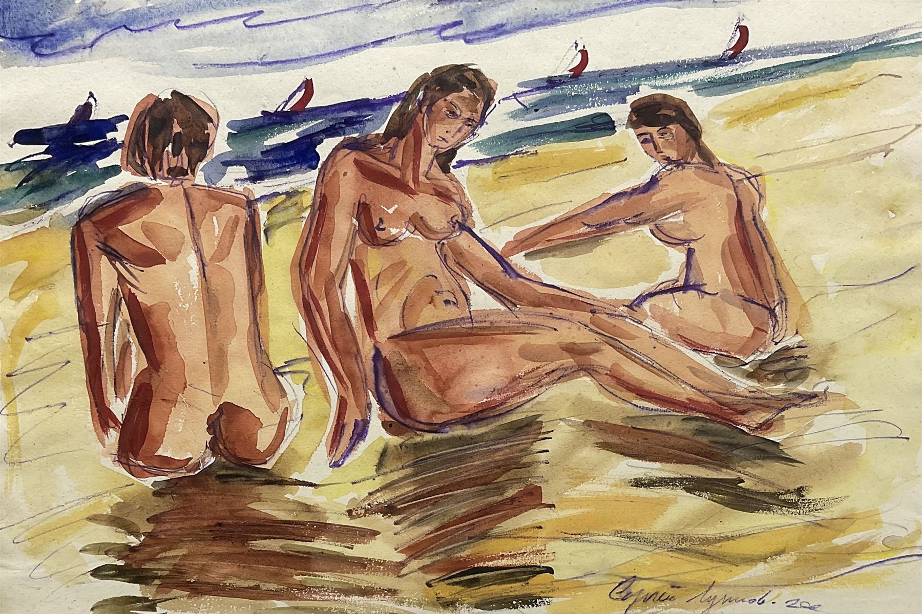 Sergie Luppov (Russian 1893-1977): Three Nude Women at the Beach