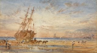 George Weatherill (British 1810-1890): Beached Sailing Vessel at Low Tide Upgang Whitby