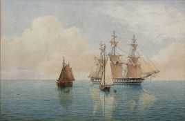 William Frederick Settle (Hull 1821-1897): British Frigate at Anchor with Sailing Barge in the foreg