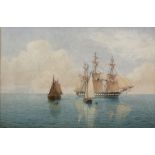 William Frederick Settle (Hull 1821-1897): British Frigate at Anchor with Sailing Barge in the foreg