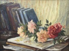 Joan H Miller (British 20th century): Still Life with Books and Roses