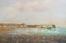 Michael James Strang (Cornish 1942-2021): Smeaton's Pier St Ives viewed from Wharf Road