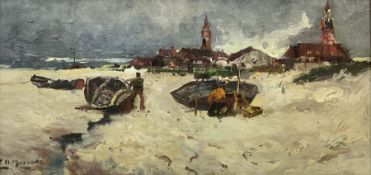 Frank Henry Mason (Staithes Group 1875-1965): Mending Boats on Scheveningen Beach