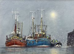 Jack Rigg (British 1927-): Trawlers and a Coble at the Harbourside