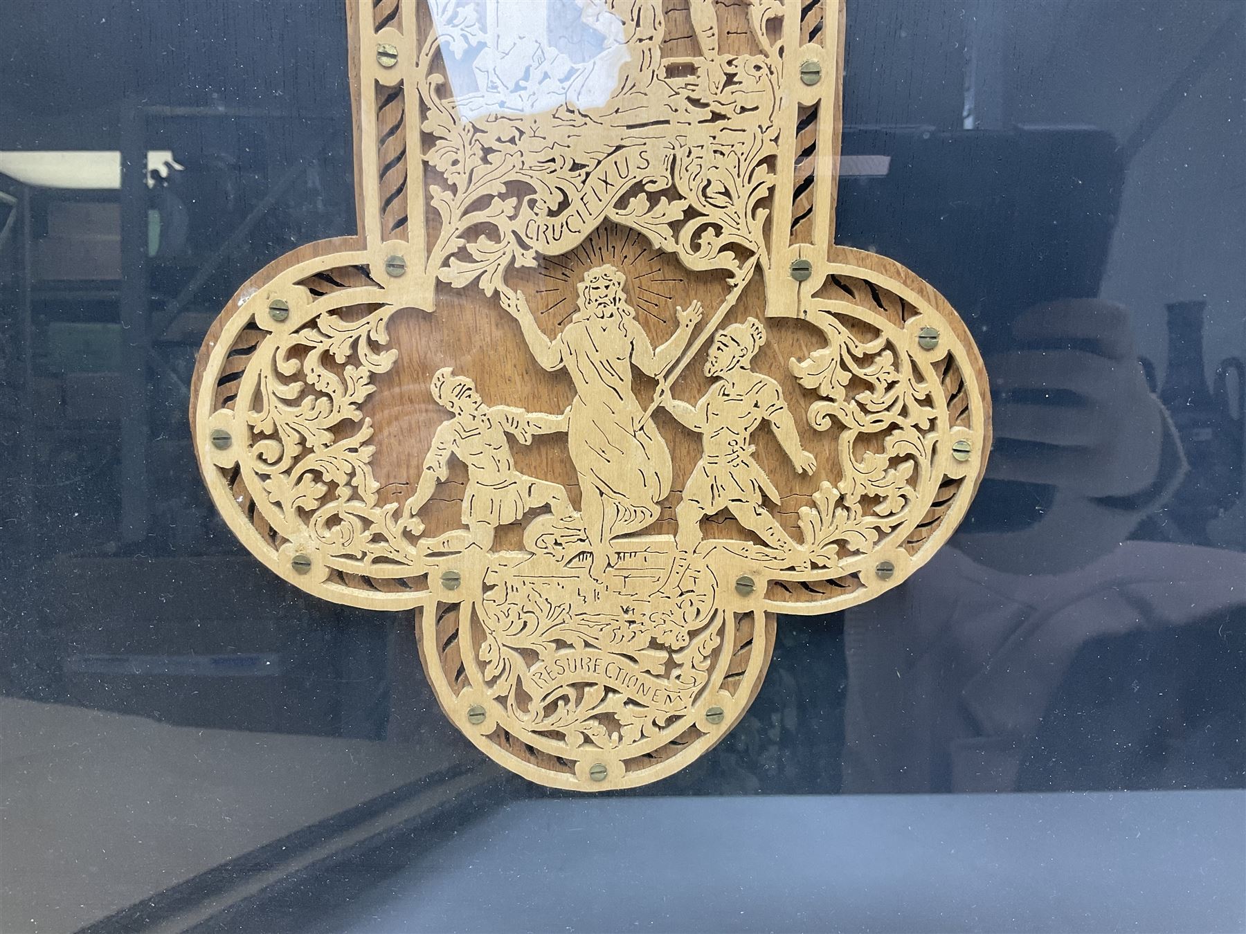 Cork carving of a religious cross depicting intricate scenes of various religious figures and motifs - Image 6 of 9