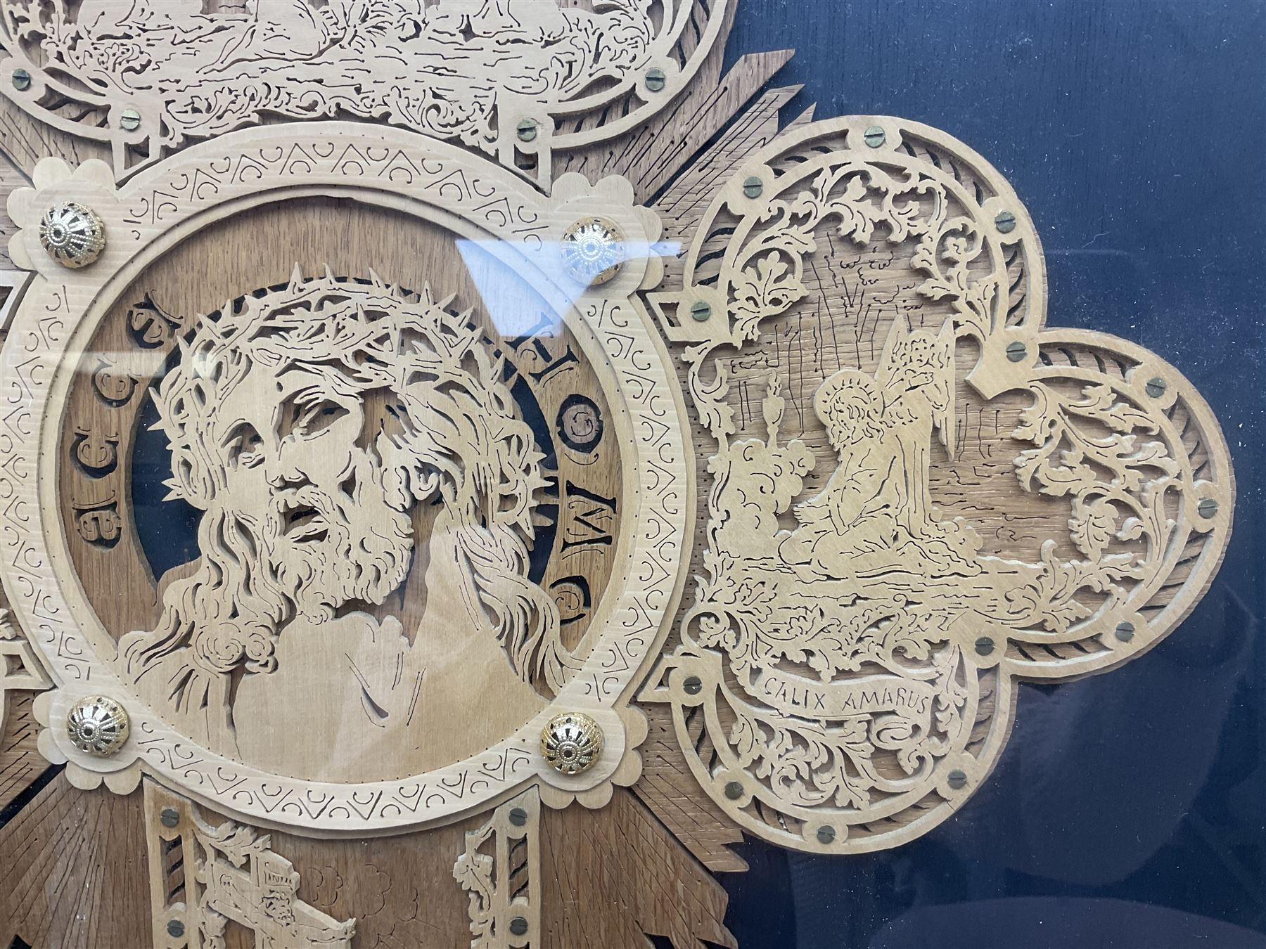 Cork carving of a religious cross depicting intricate scenes of various religious figures and motifs - Image 4 of 9