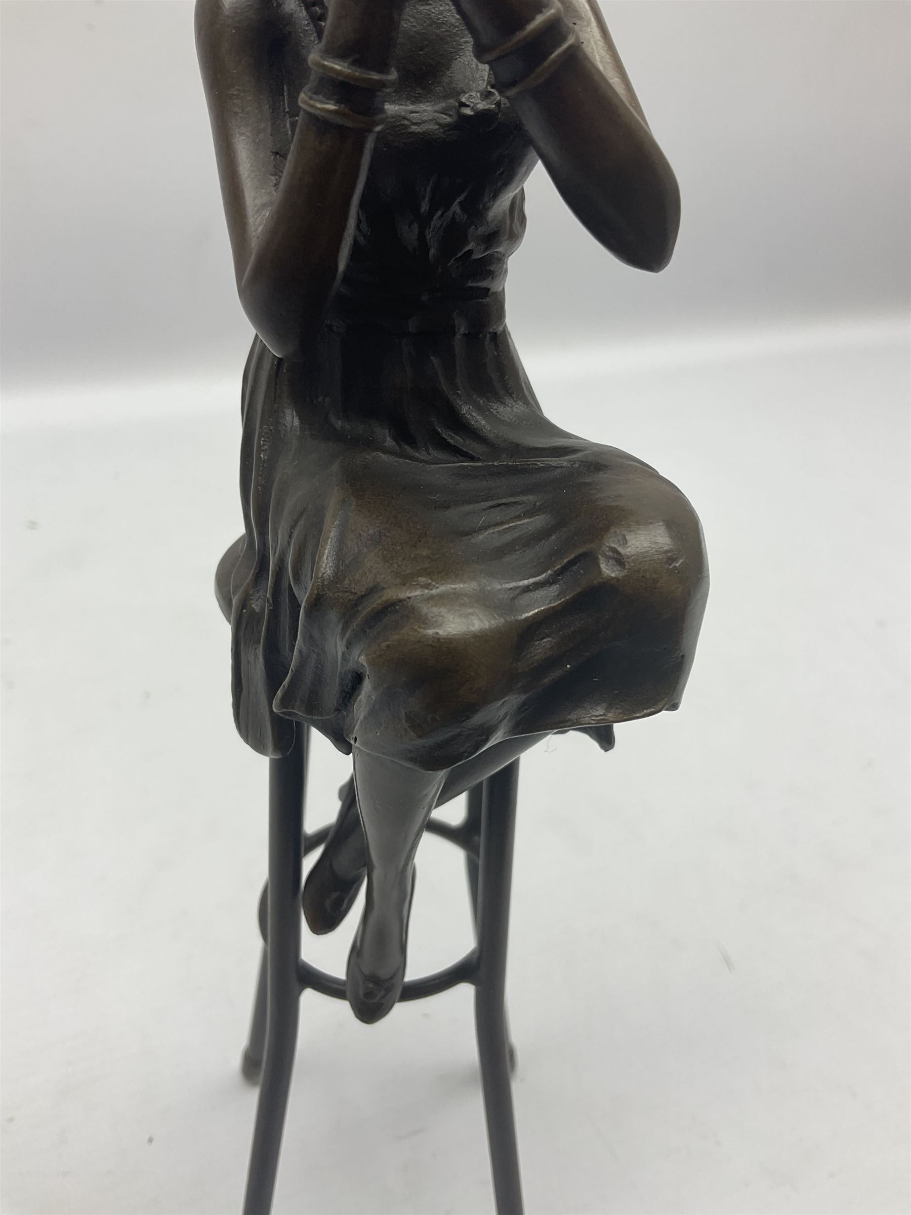 Art Deco style bronze figure of a lady seated on a stool applying lipstick - Image 6 of 7
