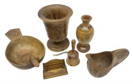 Collection of olive wood treen to include mid 20th century bowl carved in the form of a duck