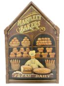 Painted wood panelled sign of a chef in his bakery moulded with loaves of bread titled Marfleet Bake