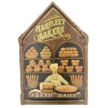 Painted wood panelled sign of a chef in his bakery moulded with loaves of bread titled Marfleet Bake