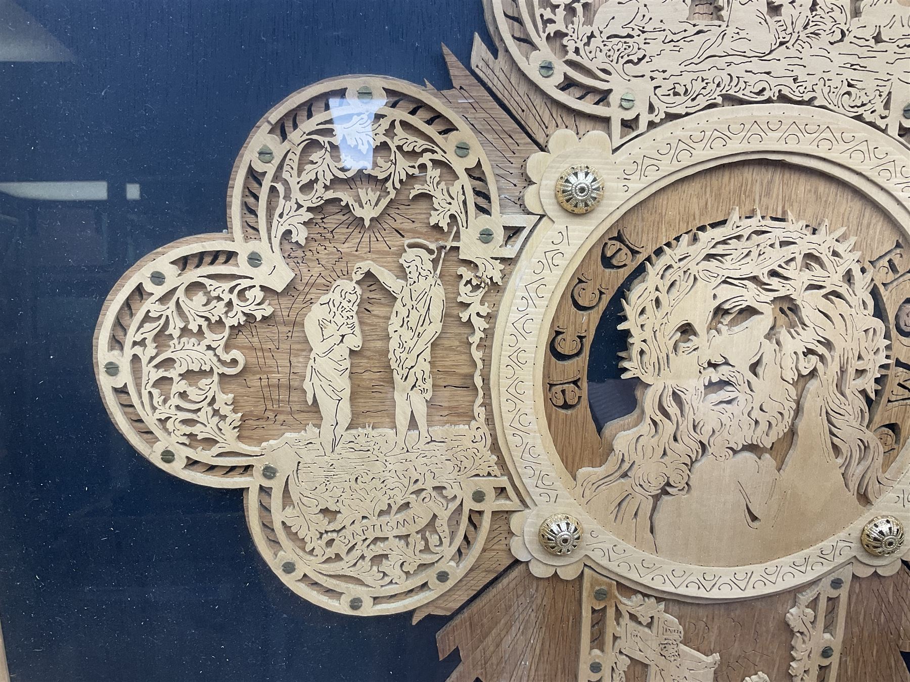 Cork carving of a religious cross depicting intricate scenes of various religious figures and motifs - Image 3 of 9