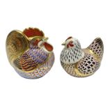 Two Royal Crown Derby paperweights modelled as a cockerel and hen