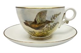 Royal Worcester large novelty cup and saucer painted with decorated with a grouse taking flight in a