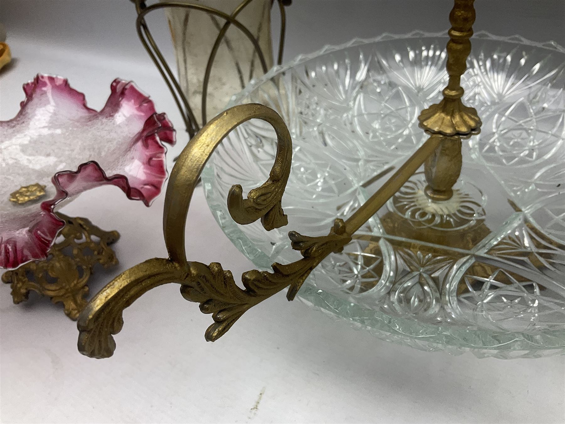 20th century moulded glass and gilt centre piece bowl with carrying handle and ornate trefoil base - Image 4 of 8