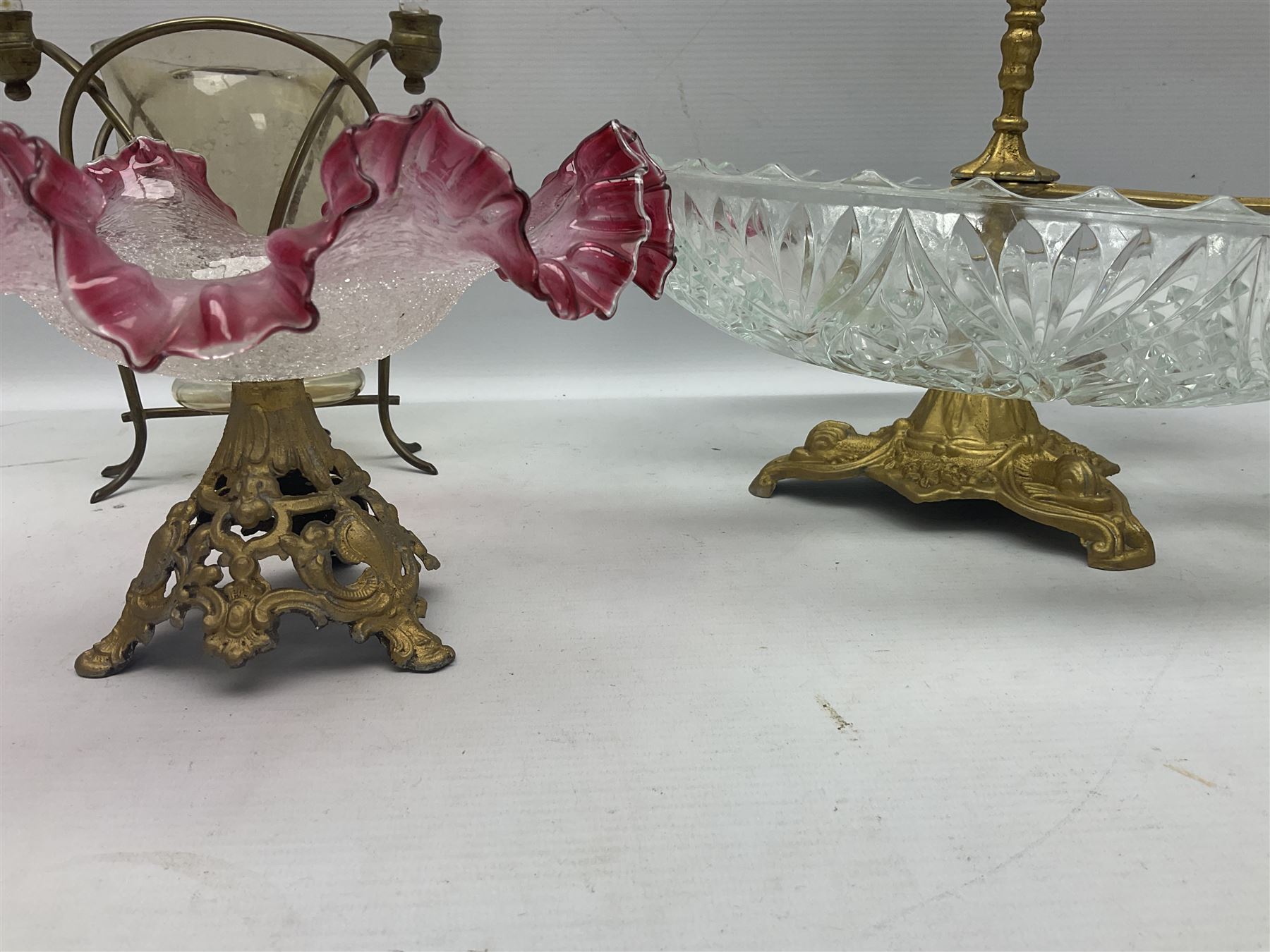 20th century moulded glass and gilt centre piece bowl with carrying handle and ornate trefoil base - Image 7 of 8