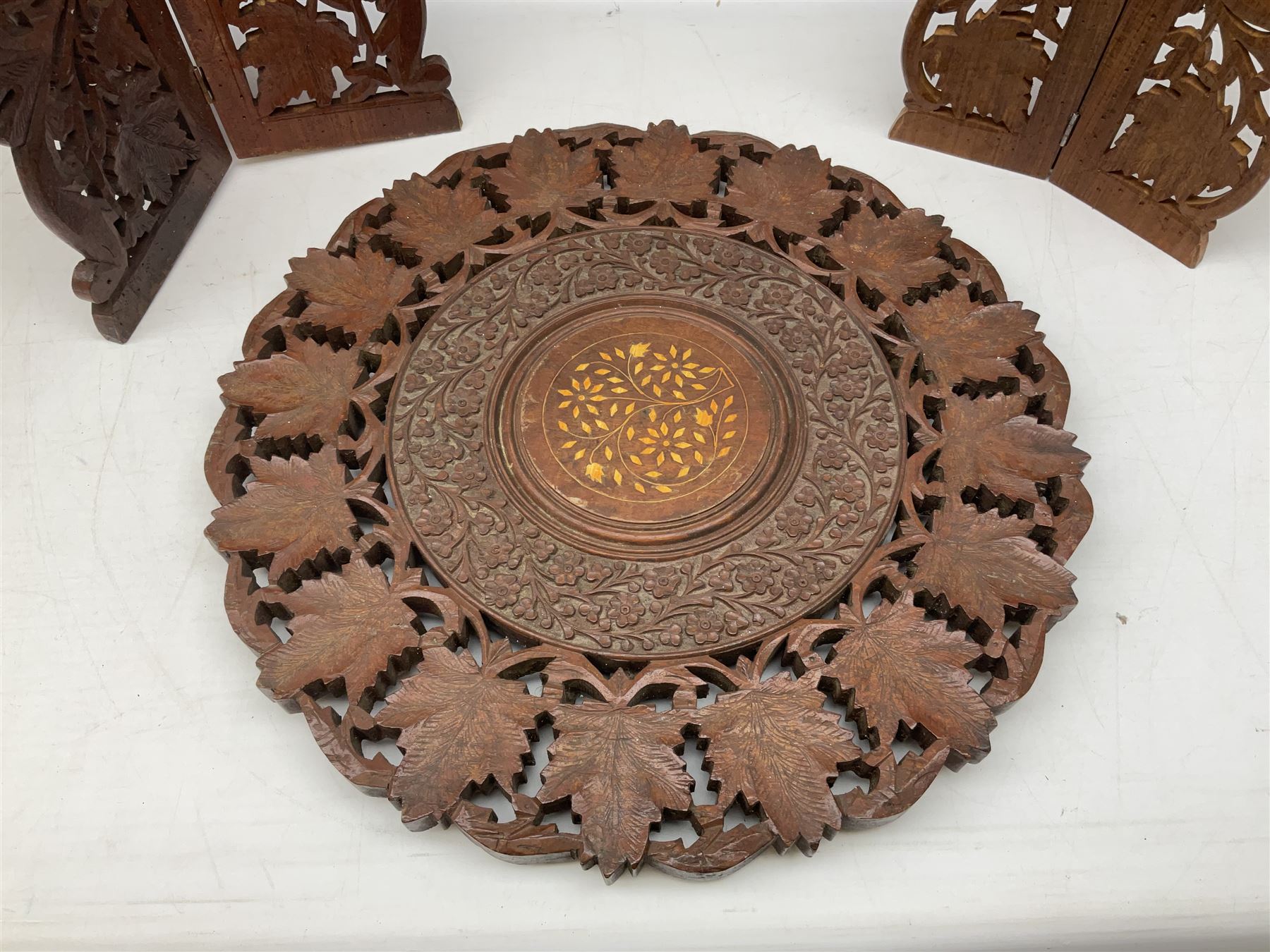 Two Indian carved and inlaid hardwood occasional tables with folding stands - Image 4 of 8
