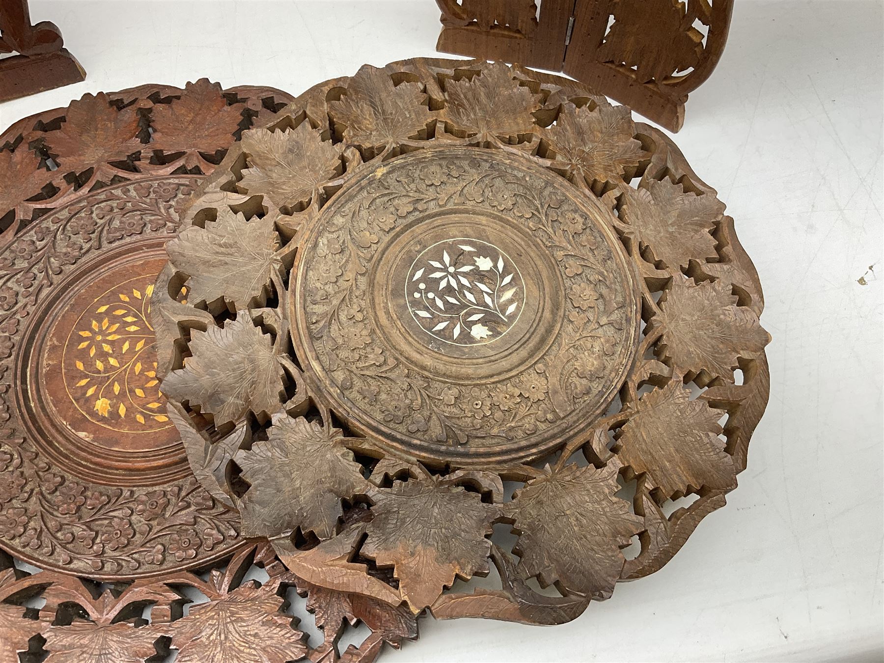 Two Indian carved and inlaid hardwood occasional tables with folding stands - Image 2 of 8