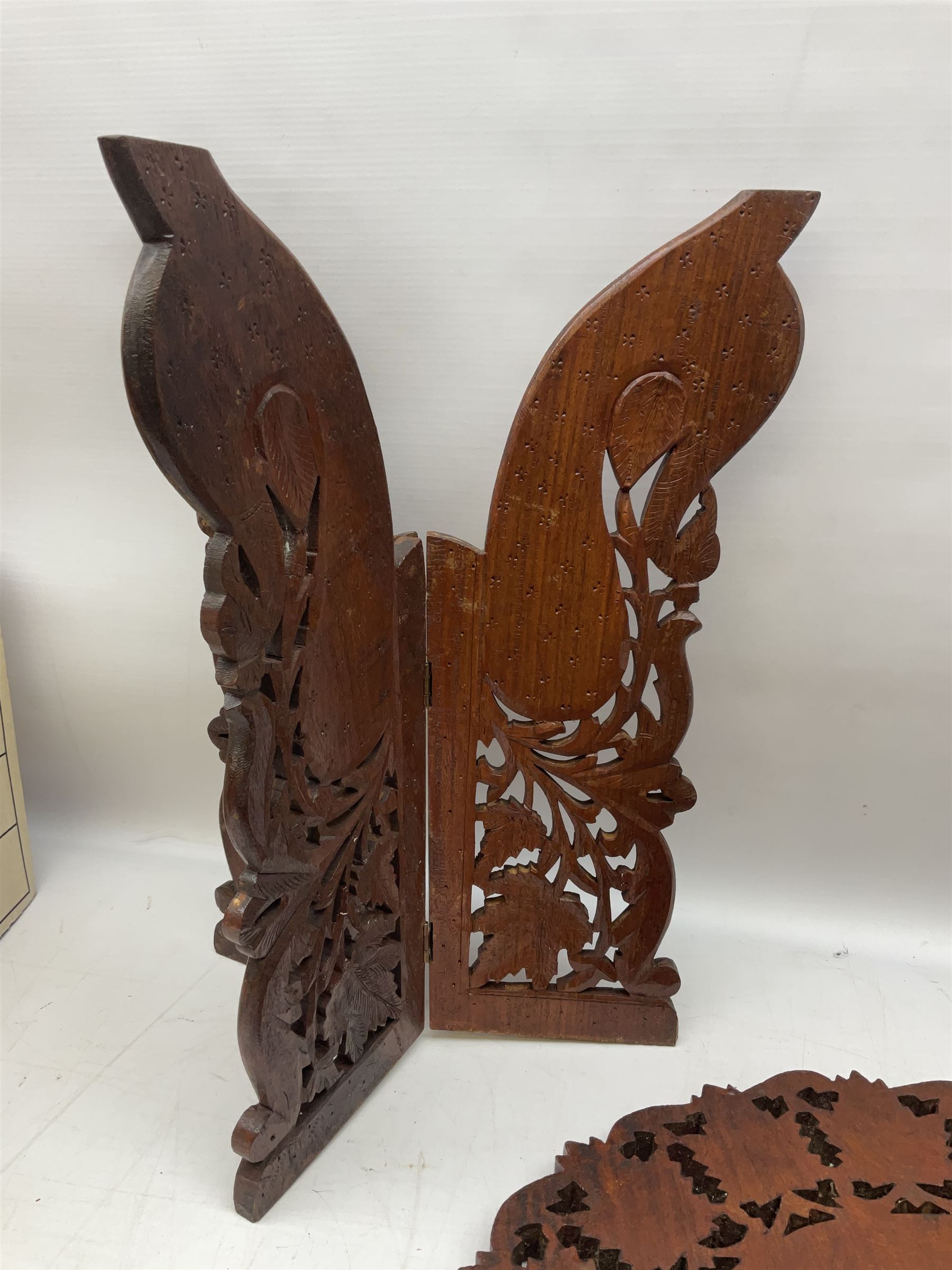 Two Indian carved and inlaid hardwood occasional tables with folding stands - Image 7 of 8