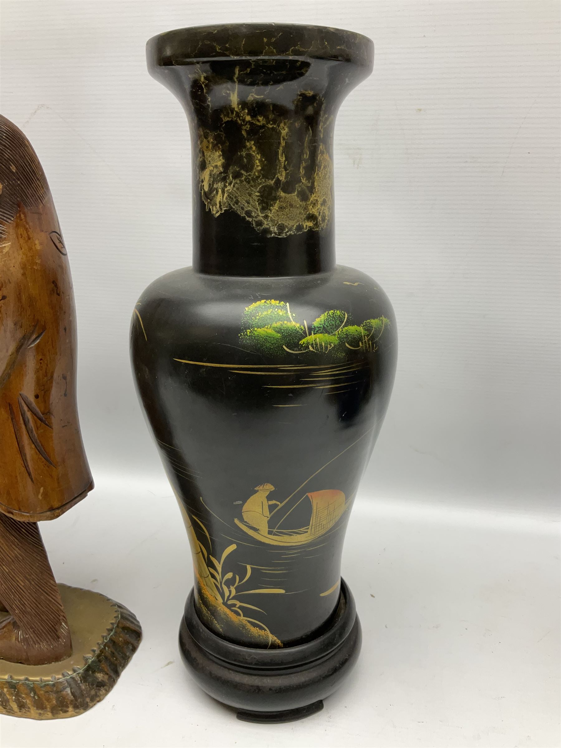 Pair of Japanese vases of baluster form decorated with koi fish and fishing village scene with gilt - Image 2 of 7