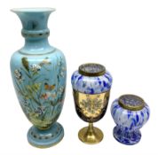 Blue opaque glass of baluster form vase painted with flowers and insects