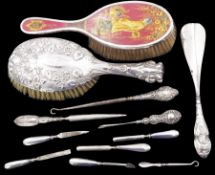 Collection of silver handled items including hair brushes