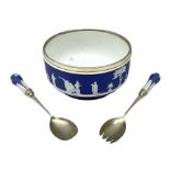 Wedgwood blue Jasperware salad bowl with silver plated collar and matching servers