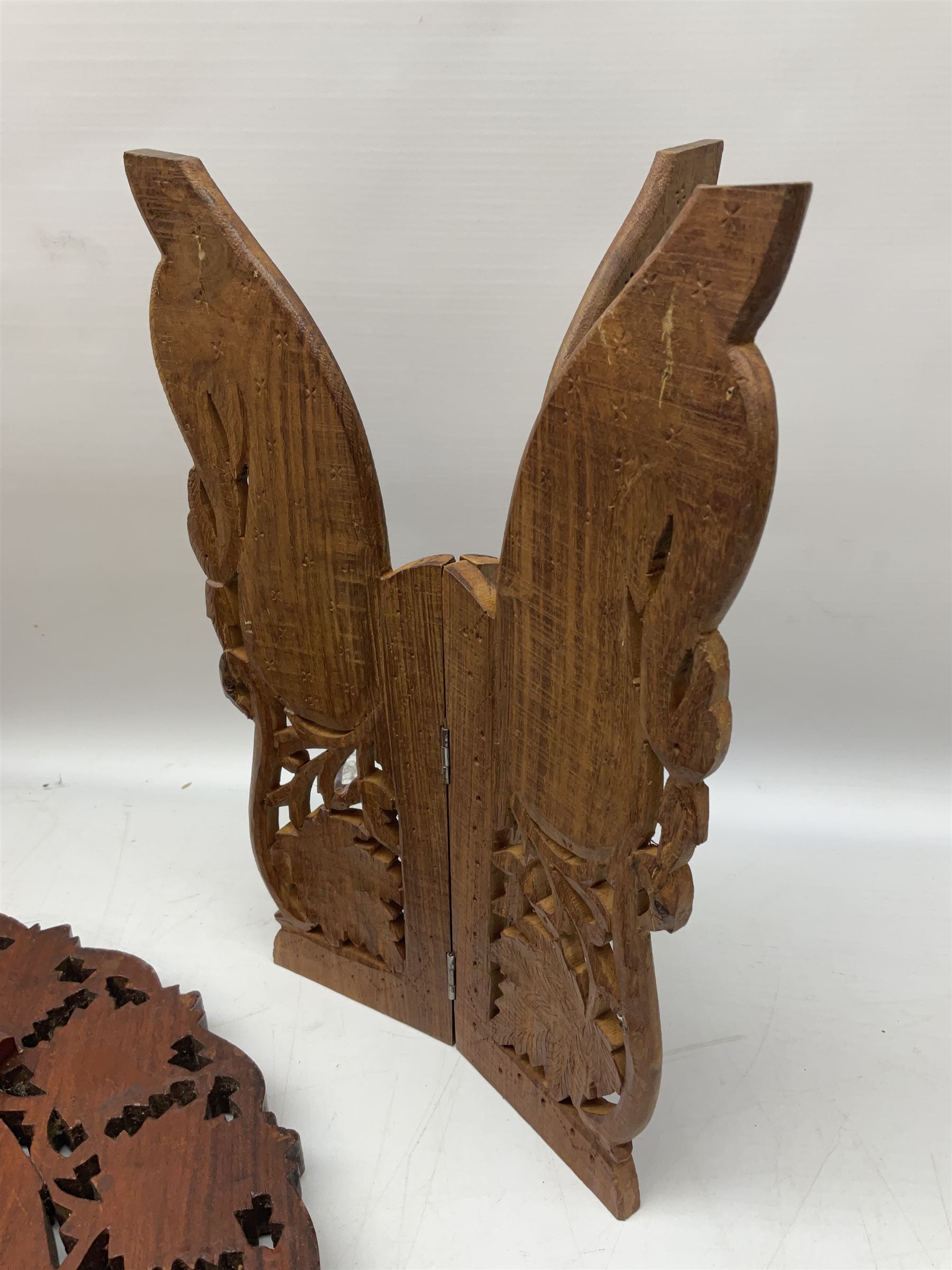 Two Indian carved and inlaid hardwood occasional tables with folding stands - Image 6 of 8