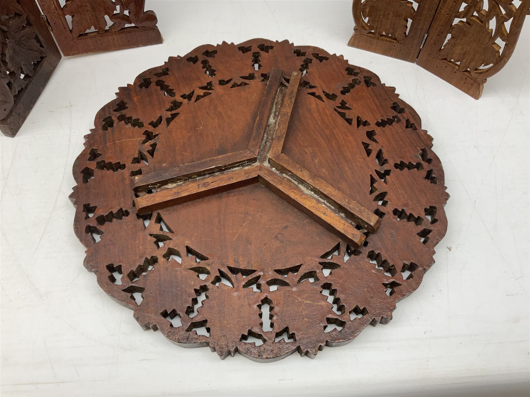 Two Indian carved and inlaid hardwood occasional tables with folding stands - Image 5 of 8