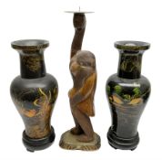Pair of Japanese vases of baluster form decorated with koi fish and fishing village scene with gilt