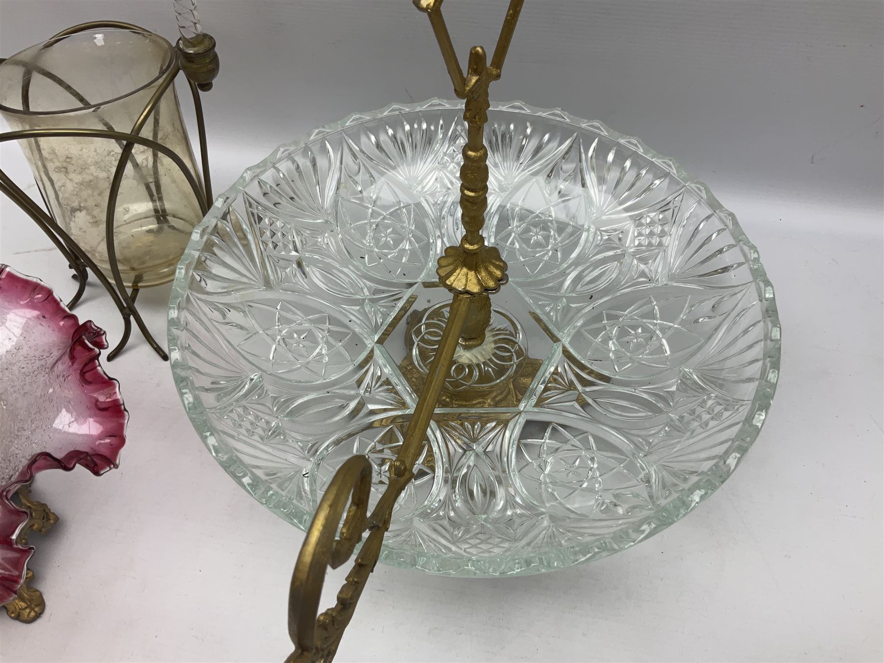 20th century moulded glass and gilt centre piece bowl with carrying handle and ornate trefoil base - Image 3 of 8