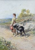 Attrib. Myles Birket Foster (British 1825-1899): Girl and Goat on Country Lane