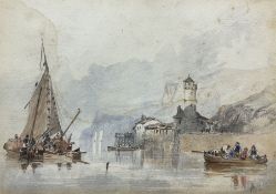 Attrib. John Wilson Carmichael (British 1800-1868): Castle on Seafront with Ships
