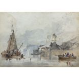 Attrib. John Wilson Carmichael (British 1800-1868): Castle on Seafront with Ships