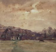 Fred Lawson (British 1888-1968): Horses Grazing by a Farmhouse