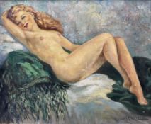 Roberte Chevalier (French 1907-2000): Reclining Female Nude 'Ch�le Vert'