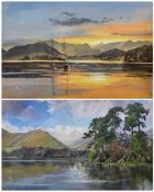 Jane E Ward (British Contemporary): Lade District Landscape and Sunset Over the Lakes