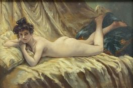 M Hernandez (French School 20th century): Nude Portrait of a Reclining Rococo Woman