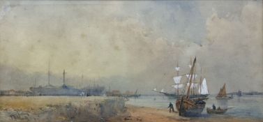 After Thomas Bush Hardy (British 1842-1897): Beached Ship and Figures near Dock