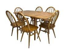 Ercol elm drop leaf table and set six hoop back chairs