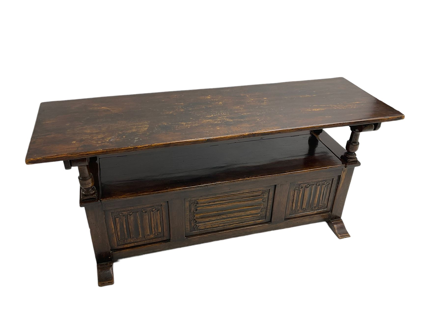 Jacobean design oak Monks bench - Image 3 of 9