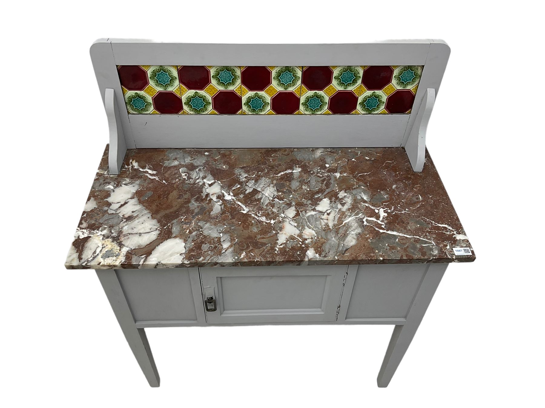 Edwardian painted oak washstand with marble top and tiled back - Image 3 of 6