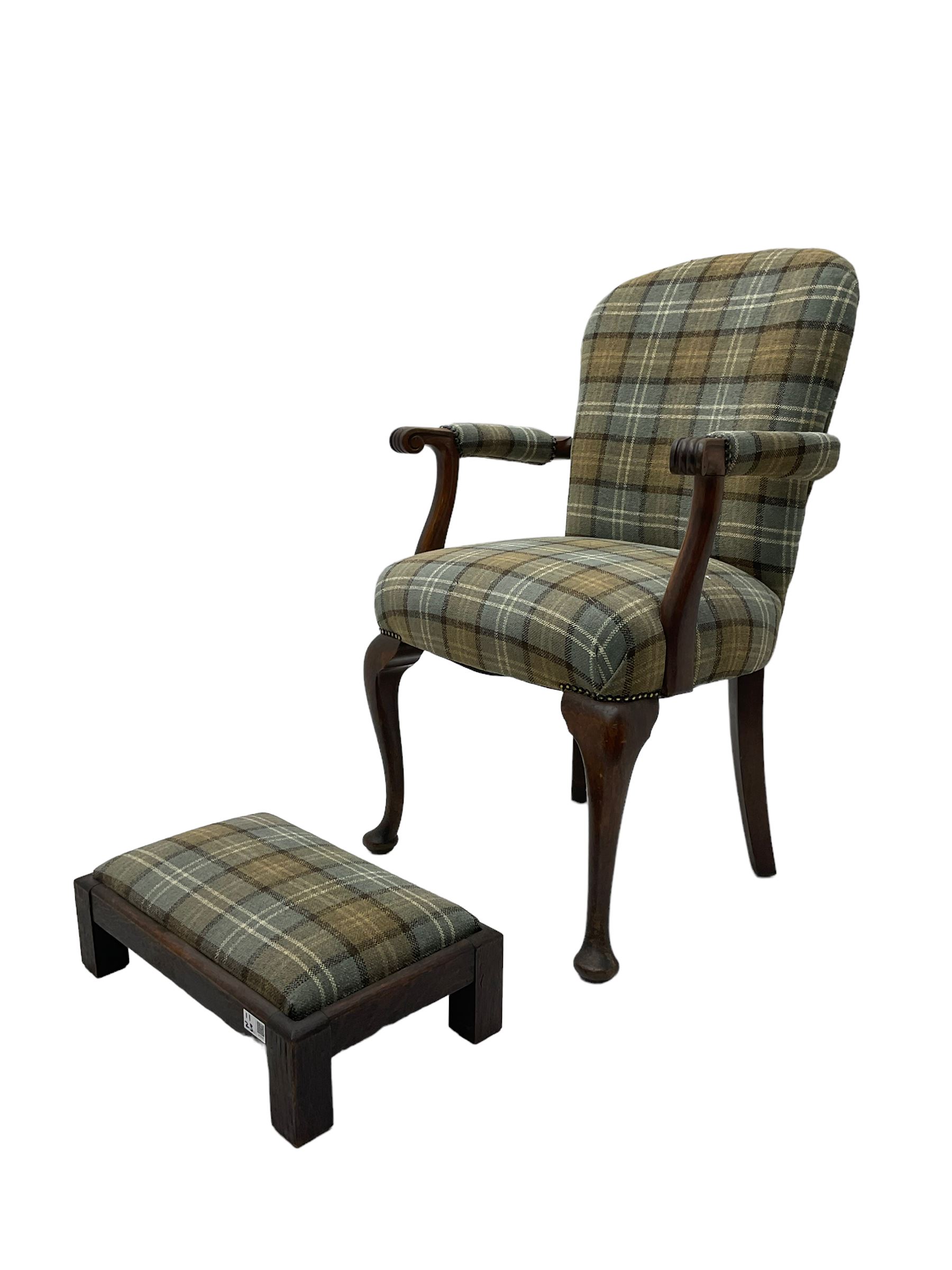 Late 19th century walnut open armchair in tartan fabric - Image 5 of 6